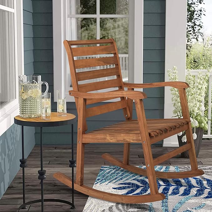 Eyely KCR101A Carrie Modern Slat-Back 300-Lbs Support Acacia Wood Patio Outdoor Rocking Chair for Garden, Lawn, Backyard, Pool, Deck, Beach, Firepit, Teak