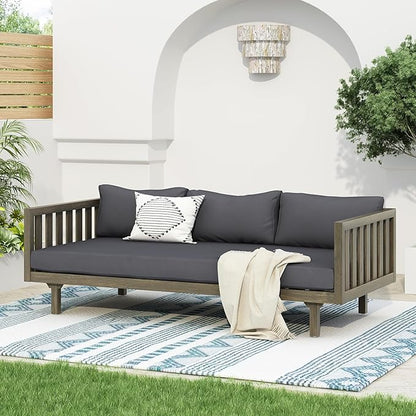 Merax Outdoor Acacia Wood Conversation Set - Patio 3-Seat Loveseat Sofa w/Coushion and Round Coffee Table for Backyard, Lawn, Balcony, Gray