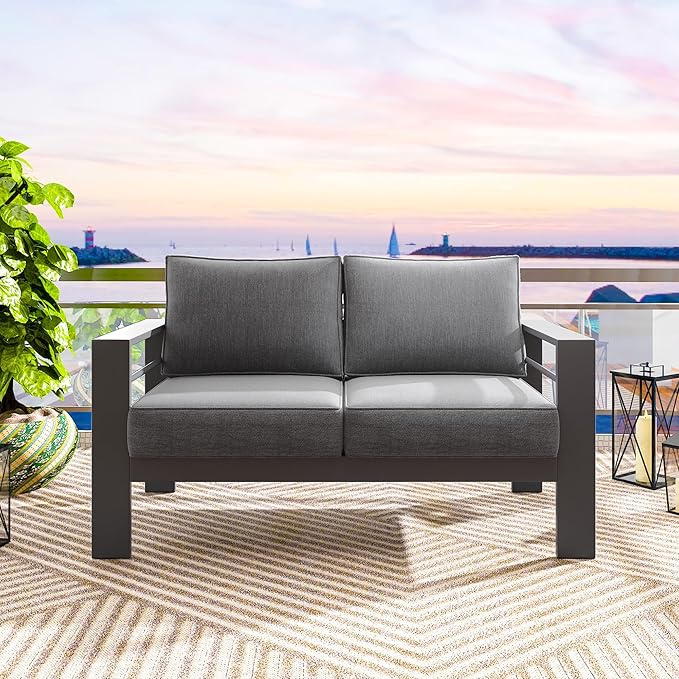 Solaste Outdoor Loveseat Aluminum Patio Furniture Sofa, All-Weather Metal Outdoor Couch with Cushions,Dark Grey - Photo 6