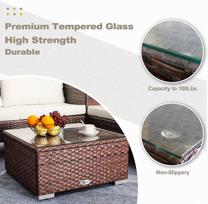 DIMAR GARDEN Outdoor Coffee Table Wicker Patio Side Table with Glass Top, 25.2in Mixed Brown
