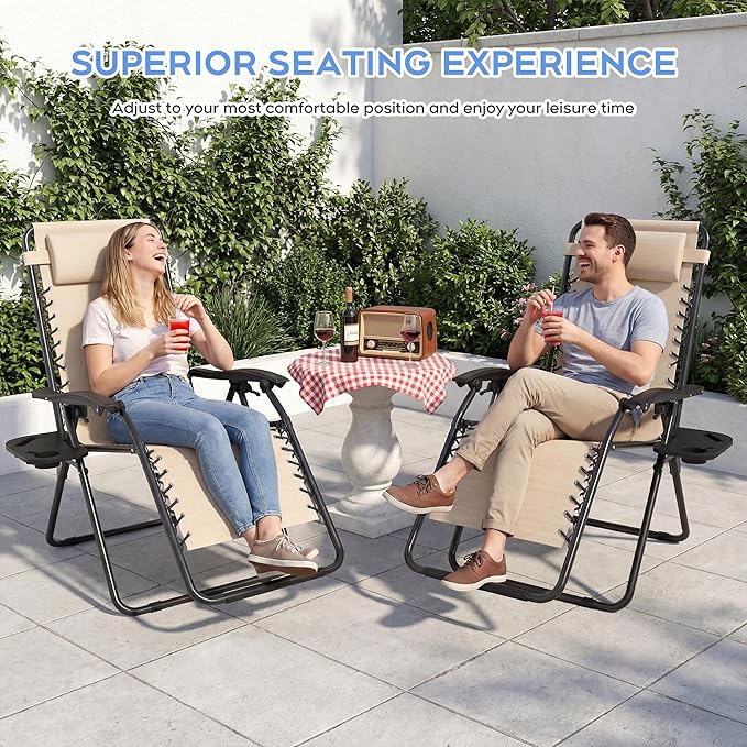 Set of 2 Adjustable Zero Gravity Lounge Chairs Outdoor Recliner w/Cup Holder Tray & Removable Pillows, Ergonomic Reclining Chair for Camping Patio Lawn Balcony (Beige-Brown)
