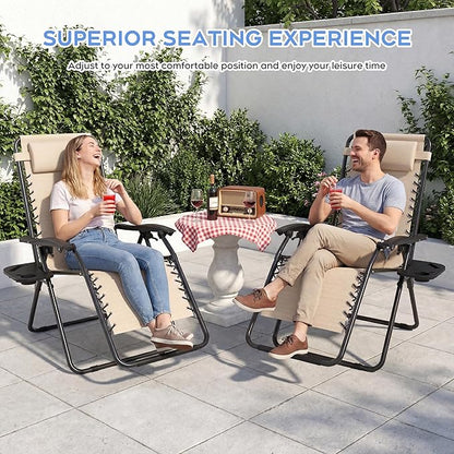 Set of 2 Adjustable Zero Gravity Lounge Chairs Outdoor Recliner w/Cup Holder Tray & Removable Pillows, Ergonomic Reclining Chair for Camping Patio Lawn Balcony (Beige-Brown)