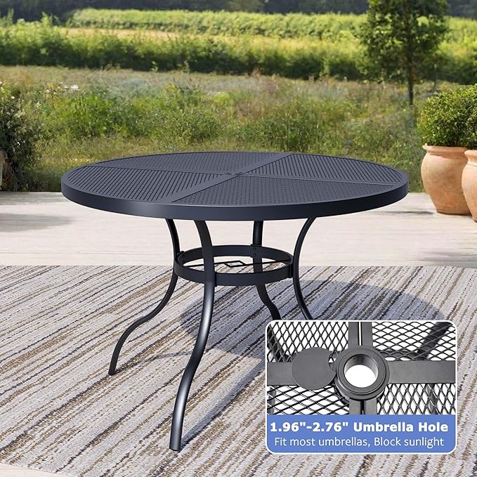 Round Patio Dining Table,All-Weather Metal Steel Mesh Patio Table with Umbrella Hole,Outdoor Dining Table for Lawn Garden Porch, Black