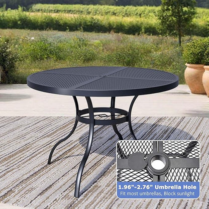 Round Patio Dining Table,All-Weather Metal Steel Mesh Patio Table with Umbrella Hole,Outdoor Dining Table for Lawn Garden Porch, Black
