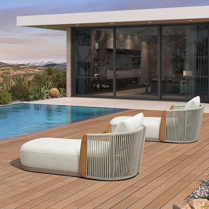 PURPLE LEAF Olefin Patio Chaise Lounge Chair Outdoor Set of 2, Upholstered Pool Lounge Chairs for Outdoor with Teak Armresfor Deck, Pool, Lawn, Garden, Courtyard, Porch, Khaki