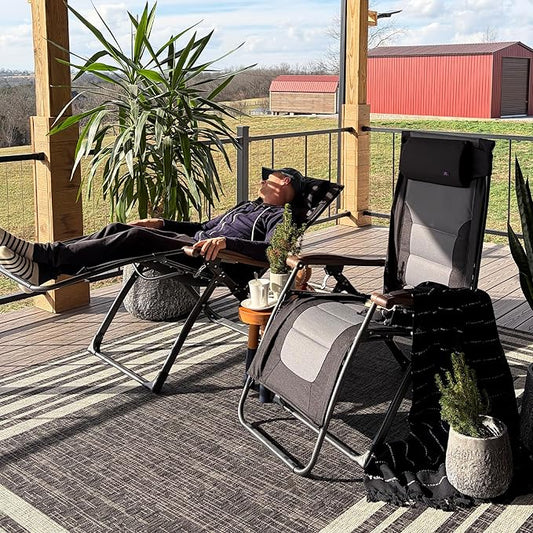 PURPLE LEAF Oversized Outdoor Reclining Chair Patio Zero Gravity Chaise Lounge Folding Chair with Quilted Cushion Adjustable Headrest for Lawn Camping Beach Pool Black and Grey