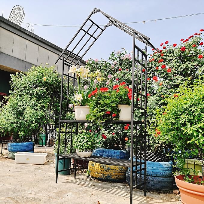 Convertible Metal Garden Bench & Trellis 58" W, Outdoor Seating with Plant Stand, Steel Arbor for Roses, Ivy, Jasmine