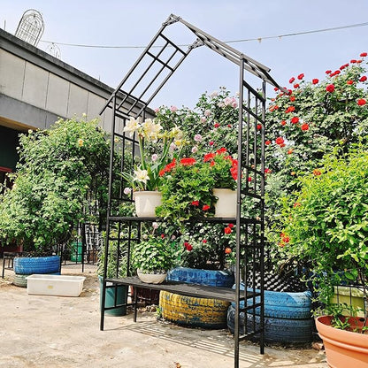 Convertible Metal Garden Bench & Trellis 58" W, Outdoor Seating with Plant Stand, Steel Arbor for Roses, Ivy, Jasmine