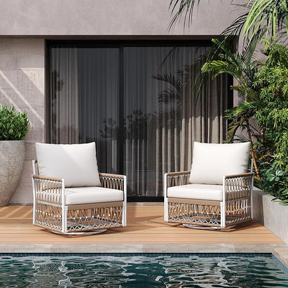 Christopher Knight Home Fiora 360° Swivel Patio Chairs Set of 2 with Handwoven Rope, Powder-Coated Steel Frame Outdoor Lounge Chairs, Patio Seating with Waterproof Cushions, Beige + Natural