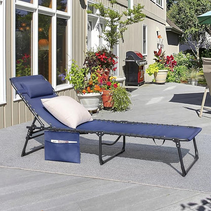 Greesum Chaise Lounge Folding Tanning Chair with 5 Position Adjustable Back, Detachable Pillow & Pocket Outside Pool, Beach, Sunbathing, Blue