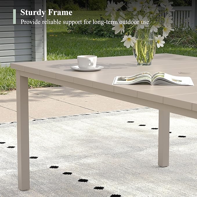 Outdoor Dining Table for 6, 63" Rectangle Outdoor Table with Adjustable Umbrella Hole, All-Weather Metal Patio Dining Table for Lawn Garden Backyard Deck, Sandshell