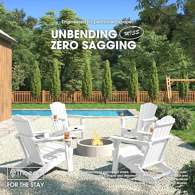 Folding Adirondack Chair Set of 4,HDPE All-Weather Outdoor Chair with Cup Holder,Wooden Textured,Fire Pit Chair,Plastic Patio Chair for Deck,Backyard,Garden,Lawn(White)
