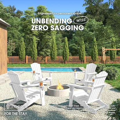 Folding Adirondack Chair Set of 4,HDPE All-Weather Outdoor Chair with Cup Holder,Wooden Textured,Fire Pit Chair,Plastic Patio Chair for Deck,Backyard,Garden,Lawn(White)