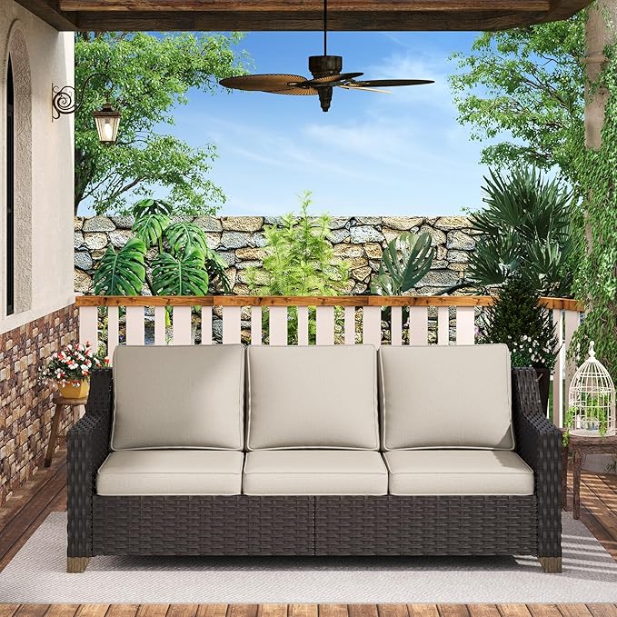 77'' Patio Sofa, All Weather Outdoor Rattan Wicker 3-Seat Sofa High Back Couch with Premium Cushions for Garden - Photo 1