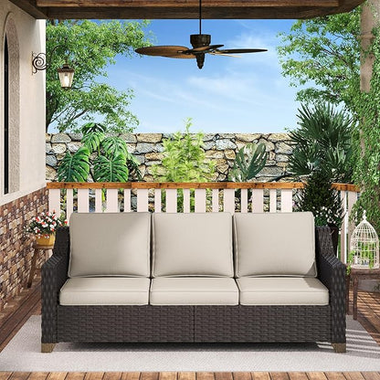 77'' Patio Sofa, All Weather Outdoor Rattan Wicker 3-Seat Sofa High Back Couch with Premium Cushions for Garden Backyard Porch(Brown/Beige)
