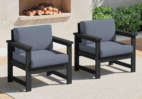 SERWALL 2 Pieces Single Cushioned Lounge Chair, Black HDPE Outdoor Adirondack Sofa Armchair with Grey Cushion - Photo 1