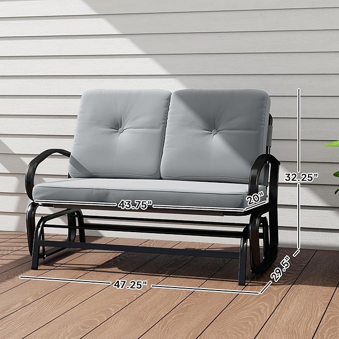 Outsunny Outdoor Glider Bench, 2-Person Patio Rocker Loveseat with Tufted Cushions, Steel Frame for Porch, Garden Backyard, Gray