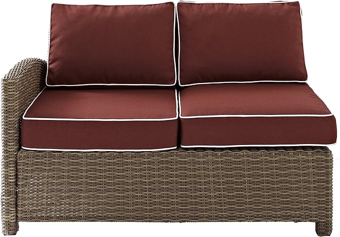 Crosley Furniture Bradenton Outdoor Sectional Left Side Loveseat, 2-Person Wicker Patio Couch for Deck, Brown with Sangria Cushions