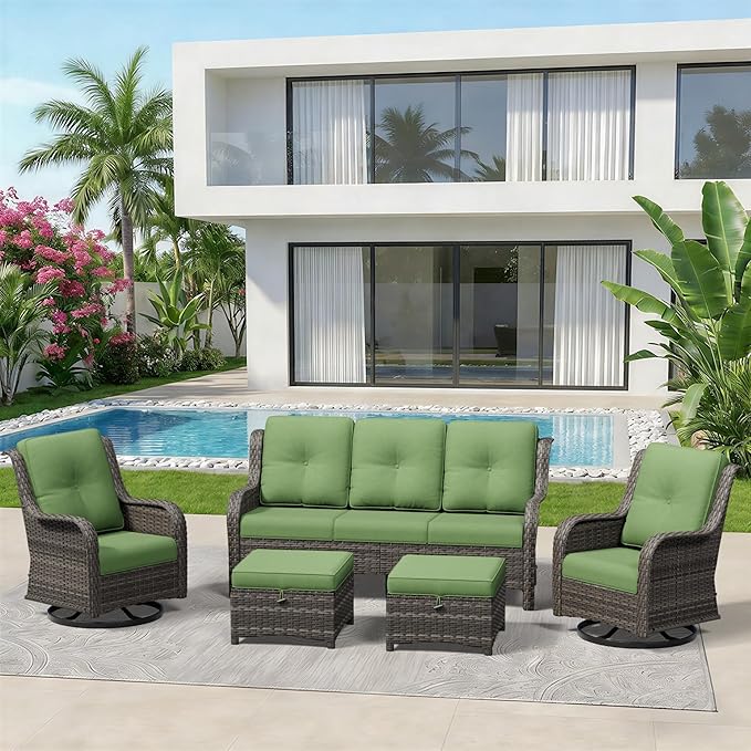 5 Piece Outdoor Wicker Patio Furniture Set, Outdoor Swivel Rocker Patio Chairs Set with Thickened Olefin Cushions - Photo 9