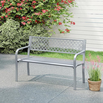 Tangkula 50 Inches Outdoor Garden Bench, Metal Patio Park Bench with Geometric Lattice Backrest, Armrests and Slatted Seat, Outdoor Loveseat Chair for Porch, Lawn and Yard (Grey)