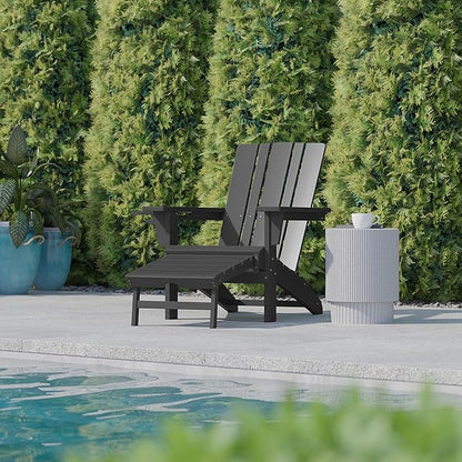 Flash Furniture Halifax Poly Resin Adirondack Chair with Cup Holder and Pull Out Ottoman, All-Weather Poly Resin Indoor/Outdoor Lounge Chair, Set of 2, Gray