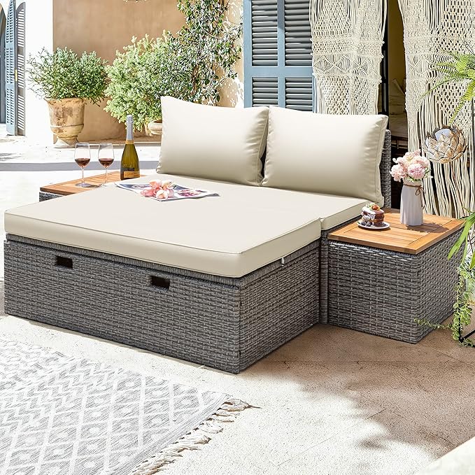 Greesum Patio Furniture Set Multifunctional Outdoor Sectional Sofa Rattan Chaise Lounge Wicker Daybed with Couch, Cushions, Storage Ottoman and 2 Side Tables for Backyard Porch Poolside Lawn, White
