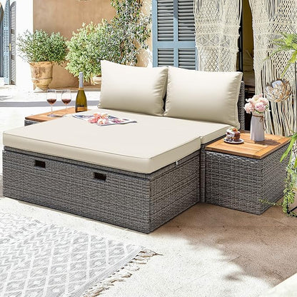 Greesum Patio Furniture Set Multifunctional Outdoor Sectional Sofa Rattan Chaise Lounge Wicker Daybed with Couch, Cushions, Storage Ottoman and 2 Side Tables for Backyard Porch Poolside Lawn, White