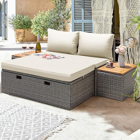 Greesum Patio Furniture Set Multifunctional Outdoor Sectional Sofa Rattan Chaise Lounge Wicker Daybed with Couch, Cushions, Storage Ottoman and 2 Side Tables for Backyard Porch Poolside Lawn, White