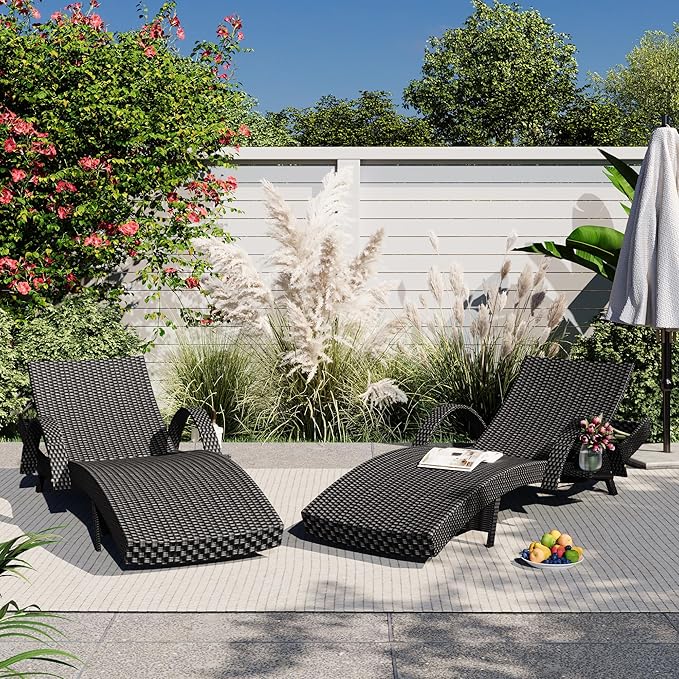 Outdoor Wicker Chaise Lounge Chairs Set of 2,80.3" Patio Rattan Reclining Chair with Pull-Out Side Table and 4-Level Adjustable Backrest,Ergonomic Wave Design Pool Sunbathing Recliners,Black
