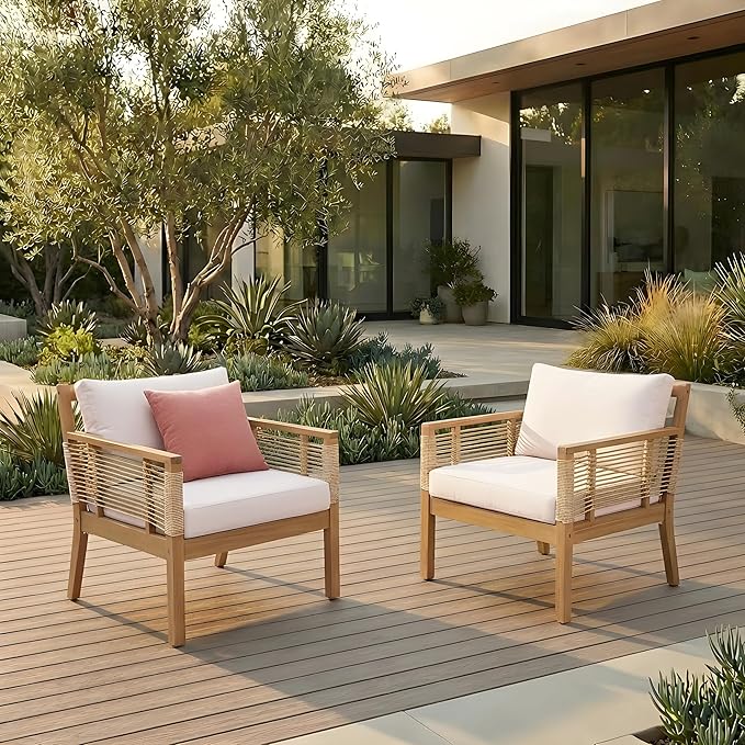 Merax Acacia Wood Patio Club Chairs Set of 2 for Outdoor, Hand-Woven Twist Rope Adirondack Style for Backyard Poolside, Outdoor Chairs with Beige Cushions, 400lbs Capacity, Teak