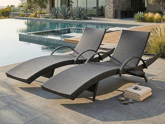 80.3" Chaise Lounge Outdoor Set of 2, Wicker Pool Lounge Chairs Outdoor with Pull-Out Side Table, Adjustable Reclining Patio Chairs, Tanning Chair, Sillas de Patio for Backyard/Balcony/Deck (Brown)