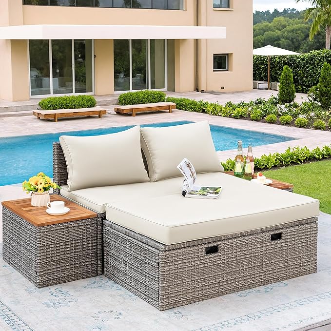 Flamaker Outdoor Rattan Daybed with 2 Side Tables, Multifunctional Wicker Patio Sofa with Storage Ottoman, Cushions - Photo 5