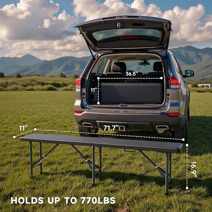 6FT Folding Bench - Heavy Duty 770lbs Capacity, Safety Locking Button & Wider Carrying Handle, Foldable Portable Bench for Outdoor, Picnic, Storage, Camping - Black, 1 Pack