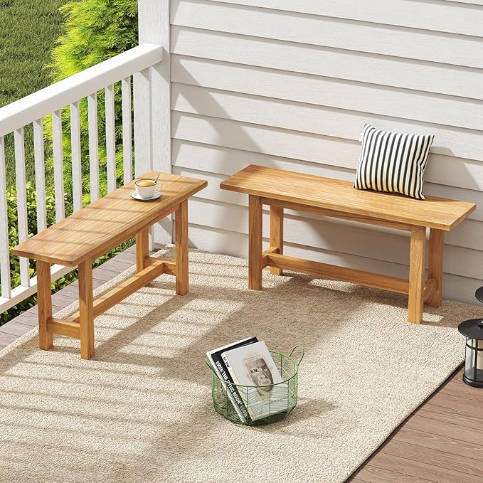 Tangkula Outdoor Teak Wood Bench, Patio Dining Bench Seat, Wooden Garden Bench, 2-Person Loveseat Seating for Porch, Backyard and Poolside (1,Natural)