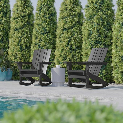 Flash Furniture Halifax Adirondack Rocking Chairs with Cup Holder, Weather Resistant Poly Resin Adirondack Rocking Chairs, Set of 2, Gray