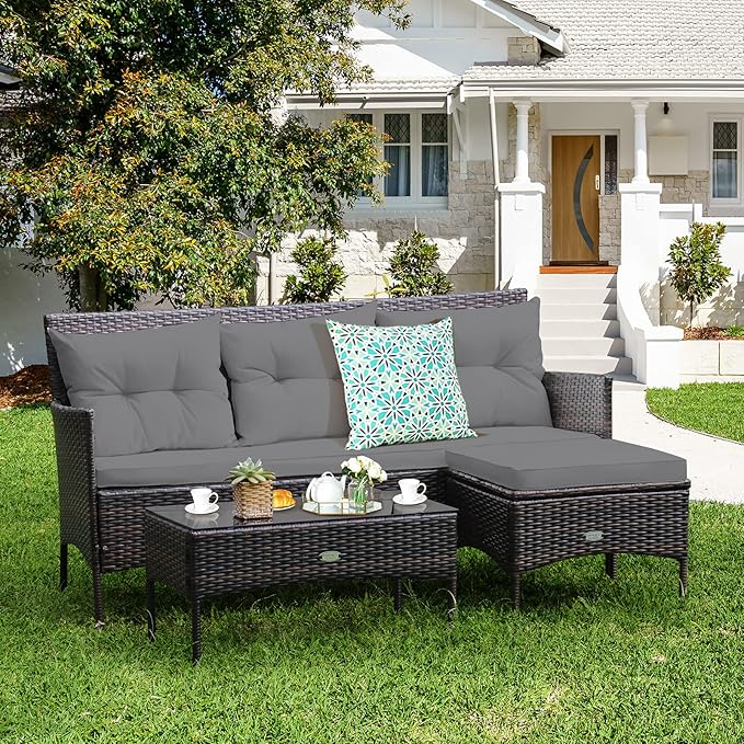 Tangkula 3 Pieces Patio Conversation Set, All Weather Outdoor PE Rattan Wicker Furniture Set with Padded Cushions - Photo 4