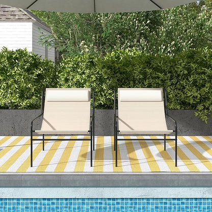 Giantex Patio Sling Lounge Chair Set of 2, Modern Sling Accent Chair with Removable Headrest Pillow, Heavy-Duty Metal Frame, Breathable Seat Fabric, Leisure Chair for Indoor Outdoor, 350 lbs Max Load