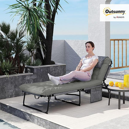 Outsunny Folding Chaise Lounge with 4-Level Reclining Back, Outdoor Tanning Chair with Cushion, Outdoor Lounge Chair with Breathable Mesh Fabric, Side Pocket, Headrest, Gray