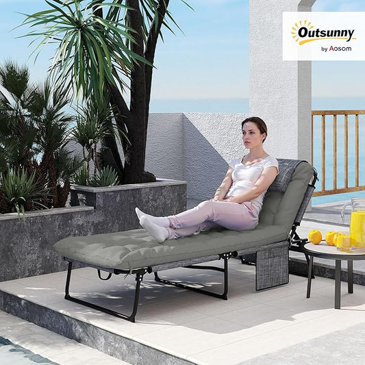 Outsunny Folding Chaise Lounge with 4-Level Reclining Back, Outdoor Tanning Chair with Cushion, Outdoor Lounge Chair with Breathable Mesh Fabric, Side Pocket, Headrest, Gray