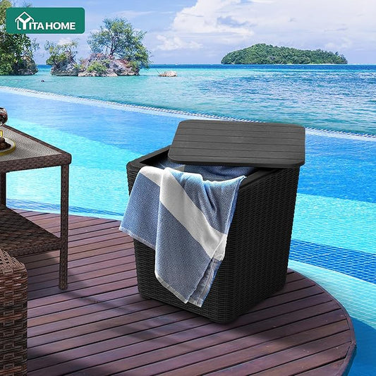 YITAHOME Resin Outdoor Deck Box Coffee Table, Waterproof Side Table, Outdoor Sstorage Box with 11.5-Gallon Storage Box for Patio, Cushions, Supplies, Black, Wood Panel+Rattan