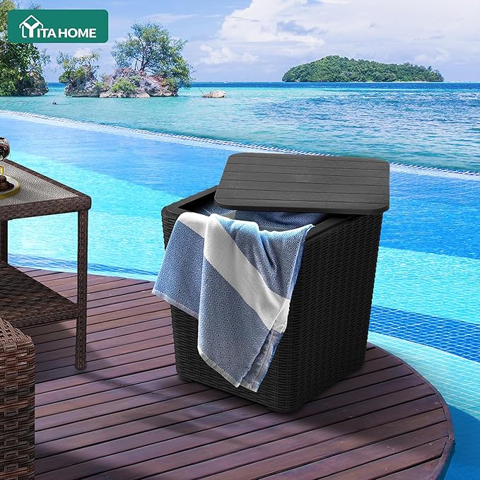 YITAHOME Outdoor Coffee Table with Extra Storage 11.5 Gallon Resin Rattan Side Table for Patio Decor,Cushions(Black) | Extra Storage, Patio Decor, Cushions