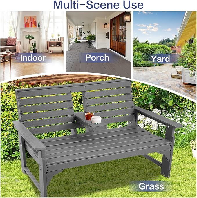 Outdoor Bench Weatherproof - HDPE 2-Person Garden Bench with Cup Holders, Bench Furniture with Backrest and Armrests, 700 lbs Capacity, Patio Park Bench for Front Porch Backyard Park (Grey)