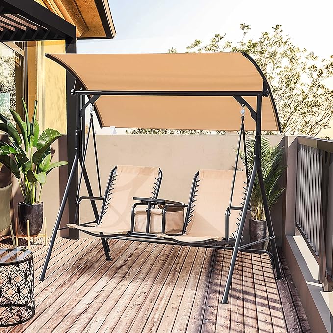Outsunny 2-Seat Patio Swing Chair, Outdoor Canopy Swing Glider with Pivot Storage Table, Cup Holder, Adjustable Shade - Photo 2