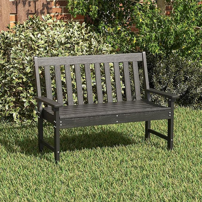 Tangkula HDPE Outdoor Garden Bench with Backrest, 2-Person All-Weather Patio Loveseat Chair with Slatted Seat, 705 lbs Weight Capacity, Patio Benches for Balcony, Garden, Porch, Backyard & Park, Black
