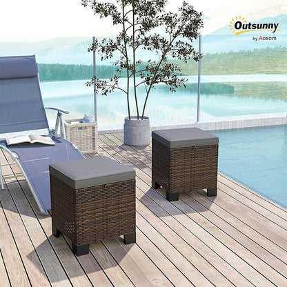 Outsunny 2 Pieces Outdoor Patio Ottomans, All Weather Wicker Outdoor Footstools with Removable Cushions, 3-in-1 PE Rattan Ottoman Seat, Footrest and Side Table for Backyard, Poolside, Gray