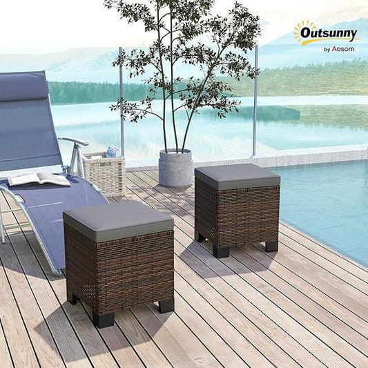 Outsunny 2 Pieces Outdoor Patio Ottomans, All Weather Wicker Outdoor Footstools with Removable Cushions, 3-in-1 PE Rattan Ottoman Seat, Footrest and Side Table for Backyard, Poolside, Gray