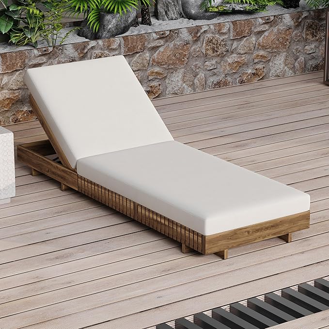 Christopher Knight Home Habery Acacia Wood Chaise Lounge with Cushion, Outdoor Sun Lounger with 6-Position Adjustable Backrest, 76.8'' Patio Recliner Chair for Poolside Backyard, Teak+Cream