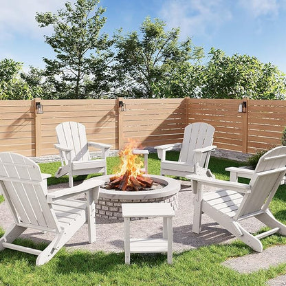 GarveeLife Folding Adirondack Chairs Set of 4 with 2 Side Table, HDPE Plastic Outdoor Chairs with Wood Texture - 380 LBS & Weather Resistant for Fire Pit, Deck, Patio, Pool, Backyard - White