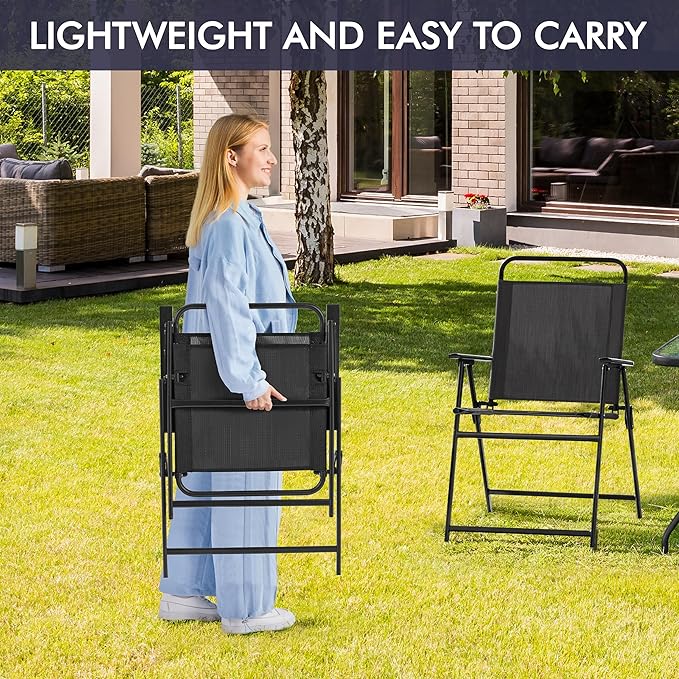 Yaheetech Outdoor Folding Patio Chairs Set of 4, Portable Outdoor Folding Chairs for Outside, Lawn, Garden and Porch with Metal Frame, Armrests, Stackable, Foldable and Portable Design, Black
