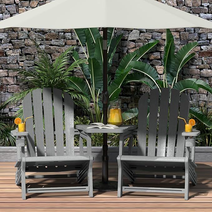 WestinTrends Azura Outdoor HDPE Adirondack Chairs with Connecting Table Tray (Set of 2), Gray